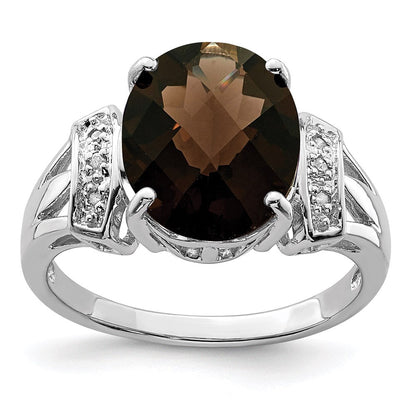 Sterling Silver Rhodium Oval Checker-Cut Smoky Quartz & Natural Diamond Gemstone Birthstone Ring Fine Jewelry Gift for Her