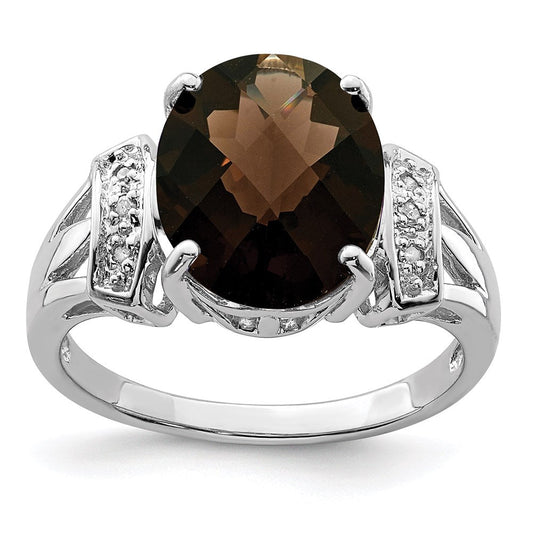 Sterling Silver Rhodium Oval Checker-Cut Smoky Quartz & Natural Diamond Gemstone Birthstone Ring Fine Jewelry Gift for Her