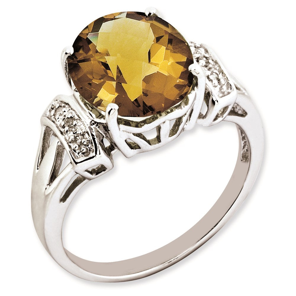 Sterling Silver RH-plated Oval Checker-Cut Whiskey Quartz & Diamond Gemstone Birthstone Ring Fine Jewelry Gift for Her
