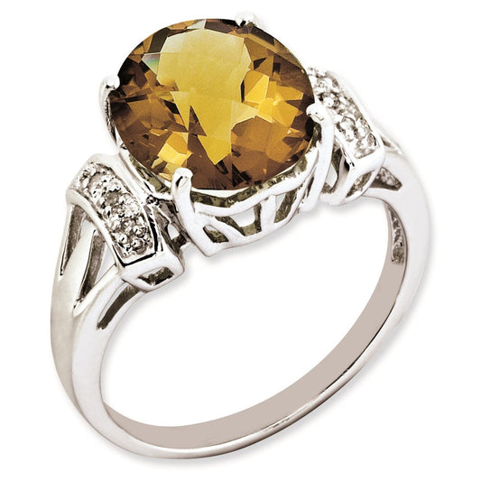Sterling Silver RH-plated Oval Checker-Cut Whiskey Quartz & Diamond Gemstone Birthstone Ring Fine Jewelry Gift for Her