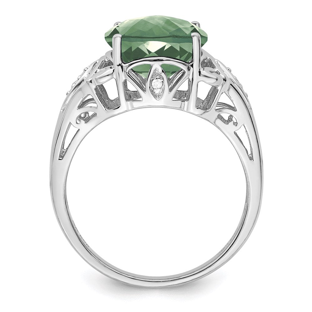 Sterling Silver Rhodium Oval Checker-Cut Green Quartz & Natural Diamond Gemstone Birthstone Ring Fine Jewelry Gift for Her