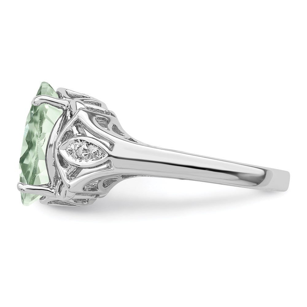 Sterling Silver Rhodium Oval Checker-Cut Green Quartz & Natural Diamond Gemstone Birthstone Ring Fine Jewelry Gift for Her