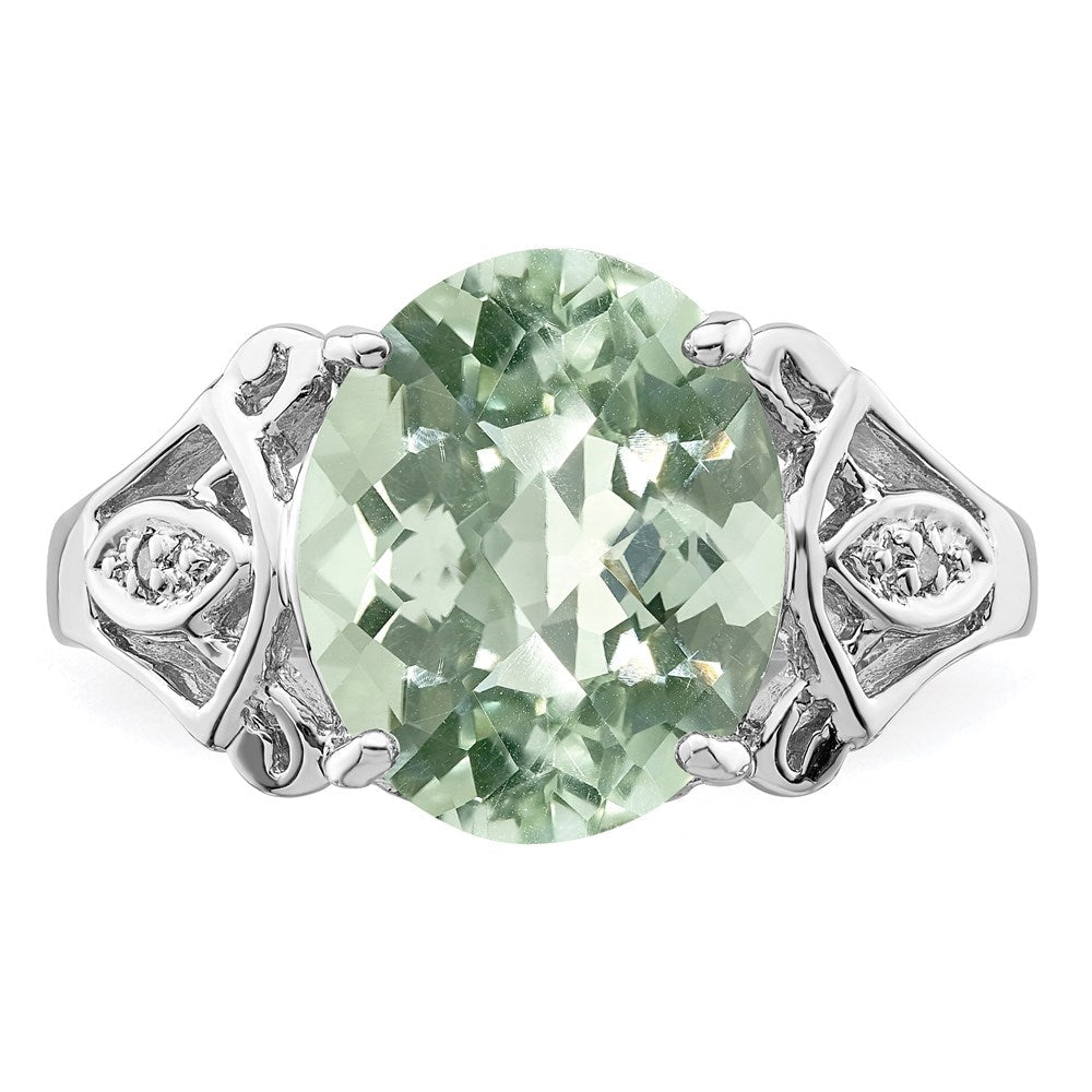 Sterling Silver Rhodium Oval Checker-Cut Green Quartz & Natural Diamond Gemstone Birthstone Ring Fine Jewelry Gift for Her