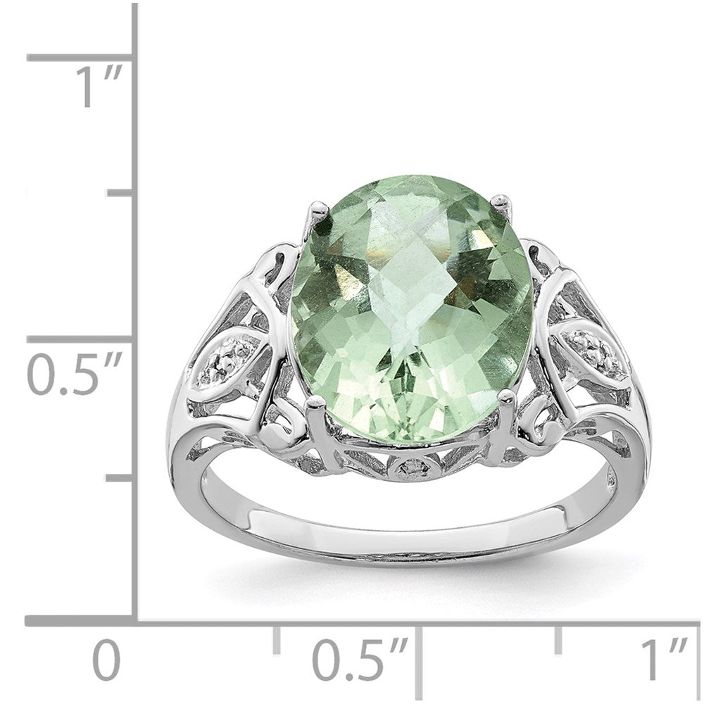 Sterling Silver Rhodium Oval Checker-Cut Green Quartz & Natural Diamond Gemstone Birthstone Ring Fine Jewelry Gift for Her