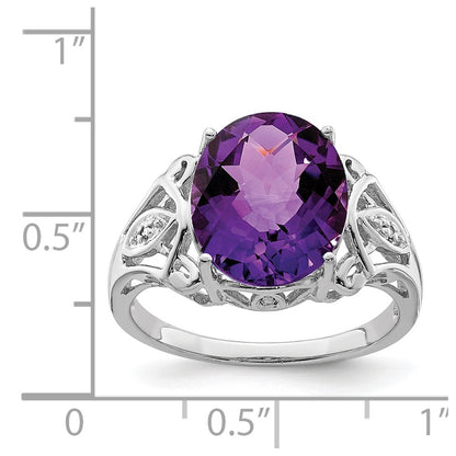 Sterling Silver Rhodium Oval Checker Cut Amethyst & Diamond Ring (Size 7 Only)