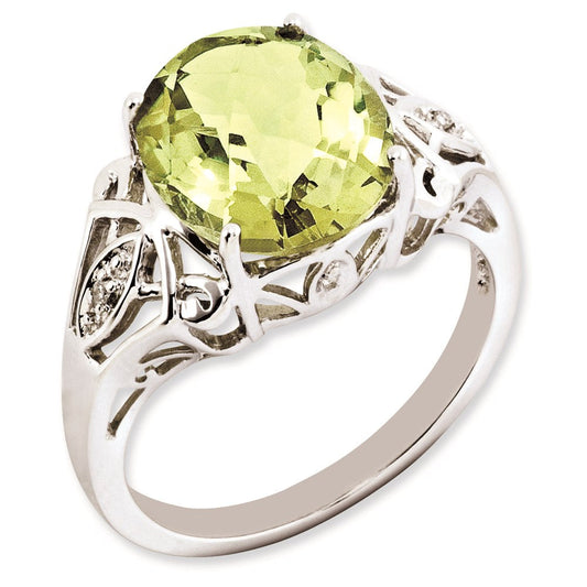 Sterling Silver RH-plated Oval Checker-Cut Lemon Quartz & Diamond Gemstone Birthstone Ring Fine Jewelry Gift for Her
