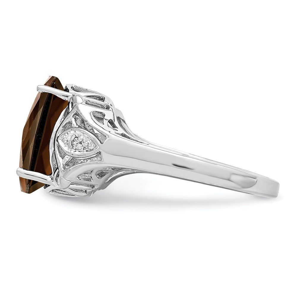 Sterling Silver Rhodium Oval Checker-Cut Smoky Quartz & Natural Diamond Gemstone Birthstone Ring Fine Jewelry Gift for Her