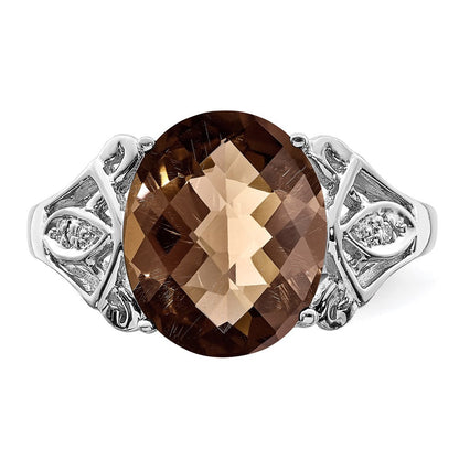 Sterling Silver Rhodium Oval Checker-Cut Smoky Quartz & Natural Diamond Gemstone Birthstone Ring Fine Jewelry Gift for Her