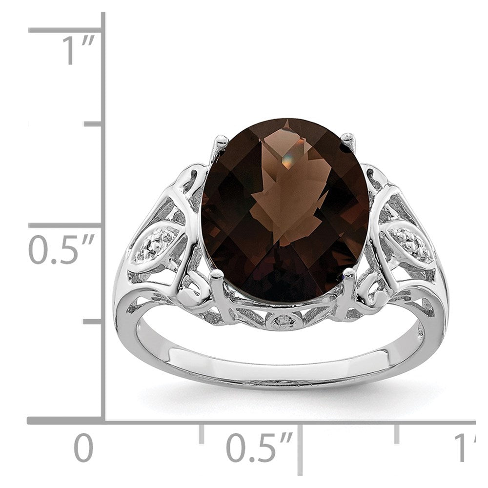 Sterling Silver Rhodium Oval Checker-Cut Smoky Quartz & Natural Diamond Gemstone Birthstone Ring Fine Jewelry Gift for Her