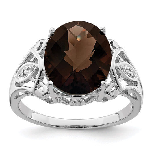 Sterling Silver Rhodium Oval Checker-Cut Smoky Quartz & Natural Diamond Gemstone Birthstone Ring Fine Jewelry Gift for Her