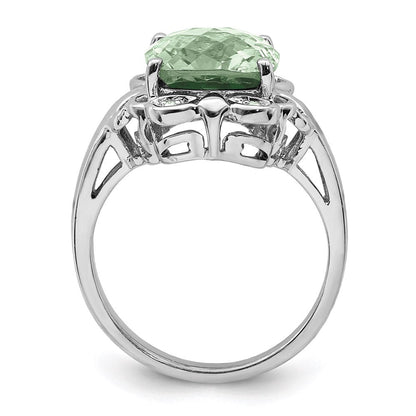 Sterling Silver Rhodium Checker-Cut Green Quartz & Natural Diamond Gemstone Birthstone Ring Fine Jewelry Gift for Her