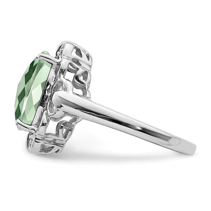 Sterling Silver Rhodium Checker-Cut Green Quartz & Natural Diamond Gemstone Birthstone Ring Fine Jewelry Gift for Her