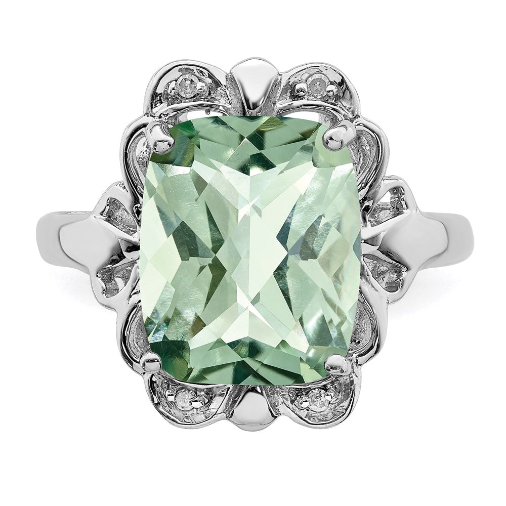 Sterling Silver Rhodium Checker-Cut Green Quartz & Natural Diamond Gemstone Birthstone Ring Fine Jewelry Gift for Her