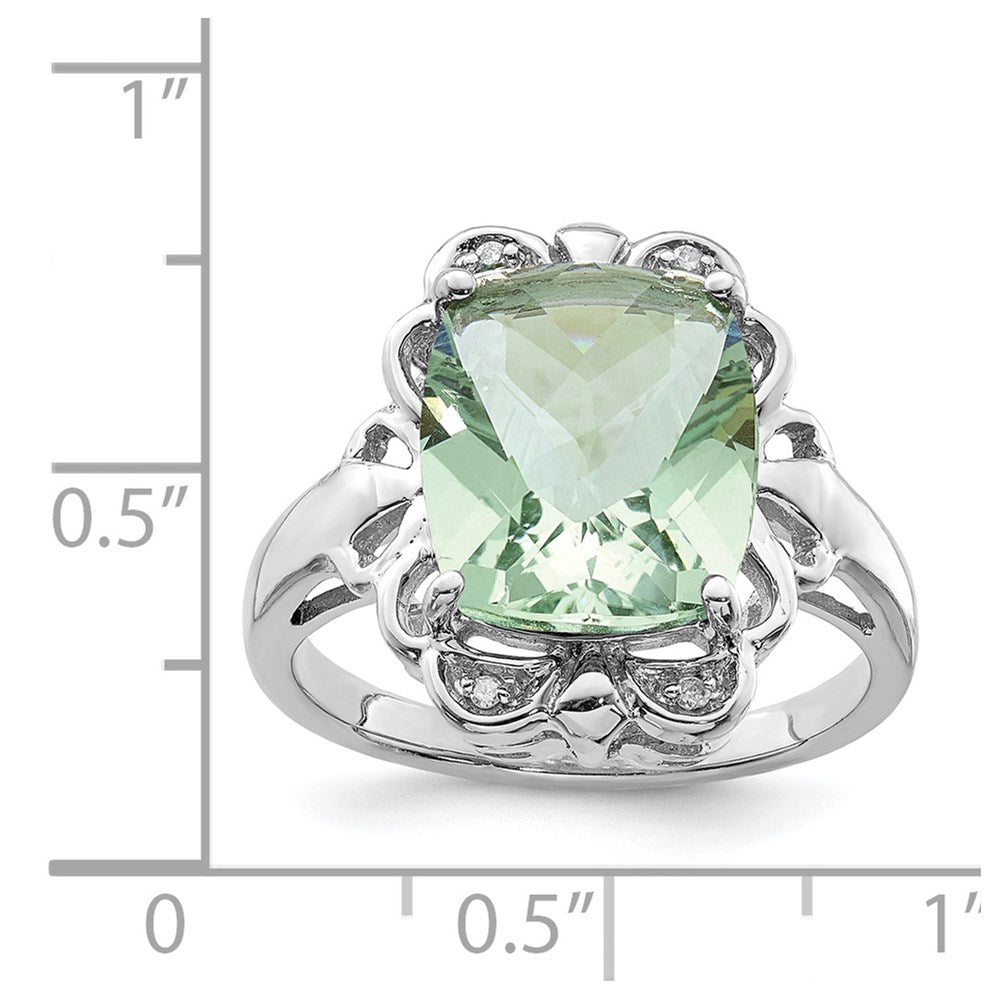 Sterling Silver Rhodium Checker-Cut Green Quartz & Natural Diamond Gemstone Birthstone Ring Fine Jewelry Gift for Her