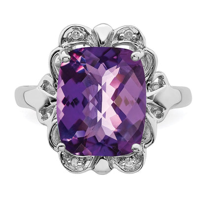 Sterling Silver 14K White Gold Plated Checker-Cut Amethyst & Diamond Gemstone Birthstone Ring Fine Jewelry Gift for Her