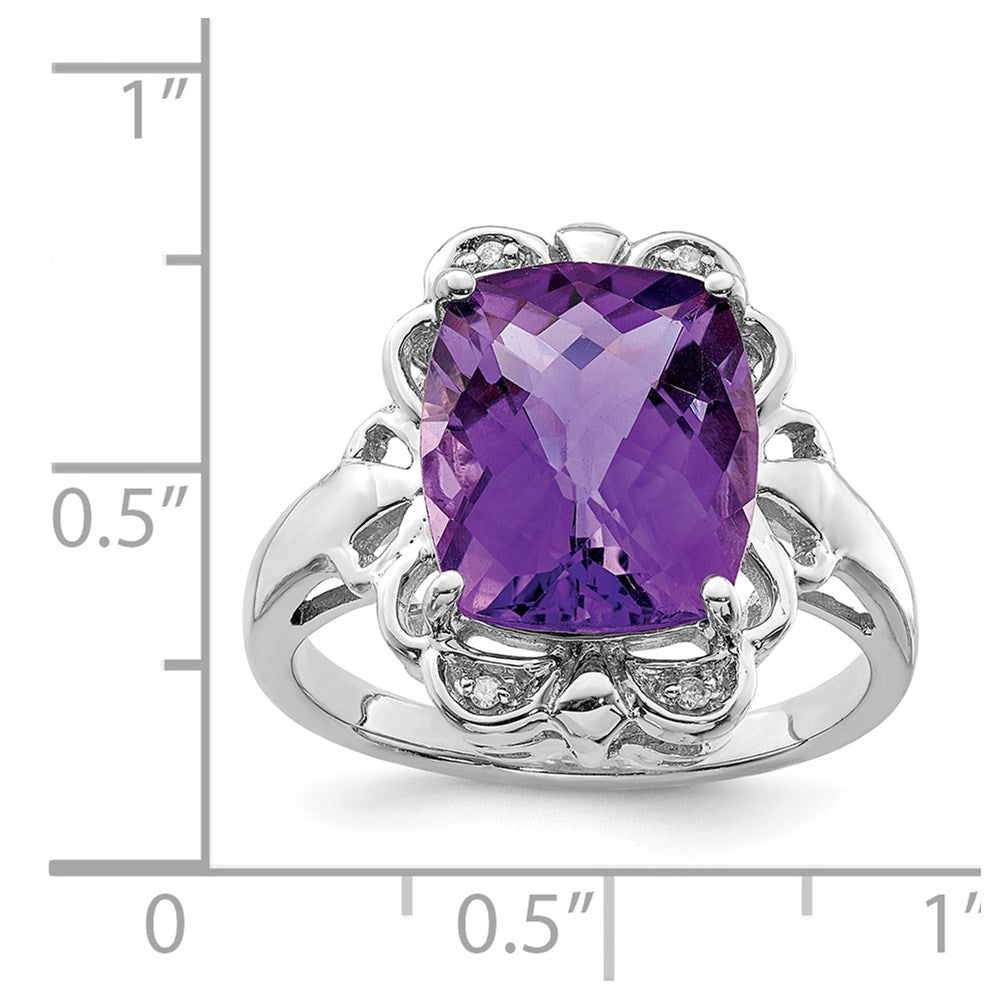 Sterling Silver Rhodium Plated Checker Cut Amethyst & Diamond Ring (Size 7 Only)