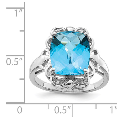Sterling Silver Rhodium Checker Cut Blue Topaz & Diamond Ring (Size 7 Only)
