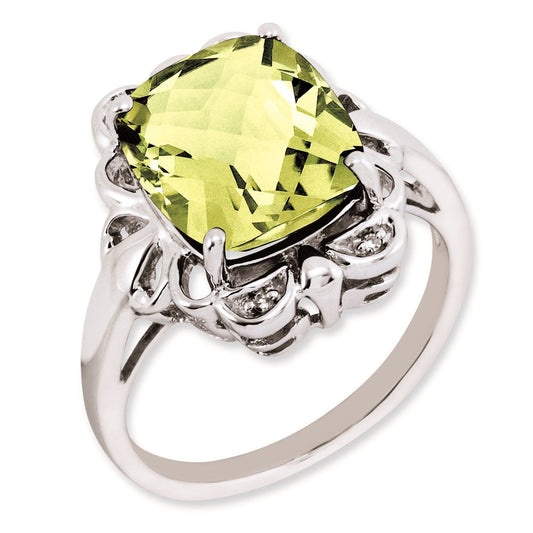 Sterling Silver 14K White Gold Plated Checker-Cut Lemon Quartz & Diamond Gemstone Birthstone Ring Fine Jewelry Gift for Her