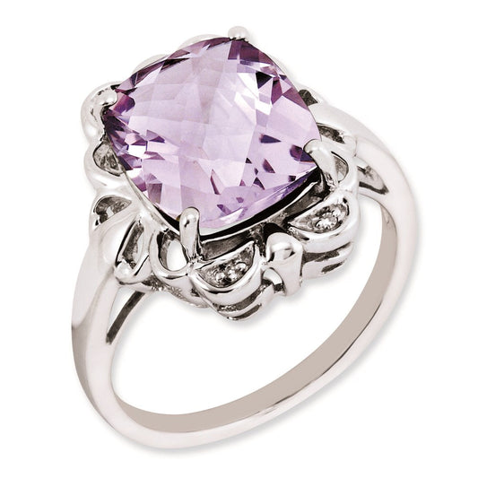Sterling Silver 14K White Gold Plated Checker-Cut Pink Quartz & Diamond Gemstone Birthstone Ring Fine Jewelry Gift for Her