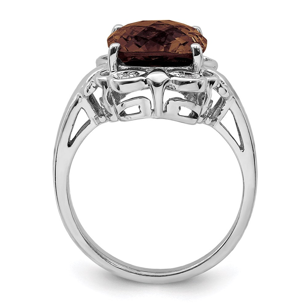 Sterling Silver Rhodium Checker-Cut Smoky Quartz & Natural Diamond Gemstone Birthstone Ring Fine Jewelry Gift for Her
