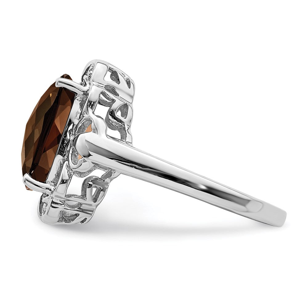 Sterling Silver Rhodium Checker-Cut Smoky Quartz & Natural Diamond Gemstone Birthstone Ring Fine Jewelry Gift for Her