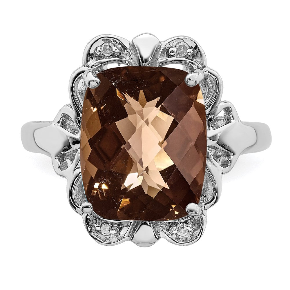 Sterling Silver Rhodium Checker-Cut Smoky Quartz & Natural Diamond Gemstone Birthstone Ring Fine Jewelry Gift for Her