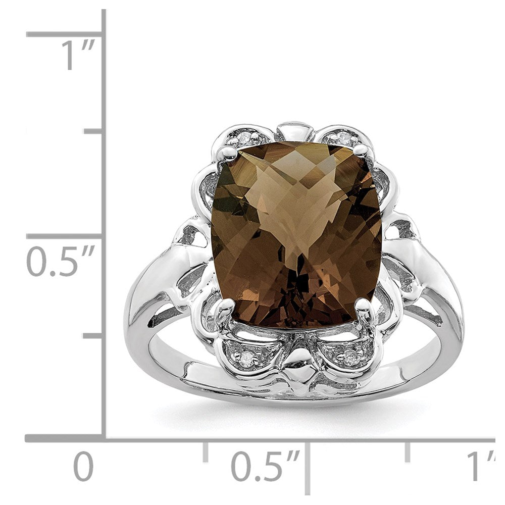 Sterling Silver Rhodium Checker-Cut Smoky Quartz & Natural Diamond Gemstone Birthstone Ring Fine Jewelry Gift for Her