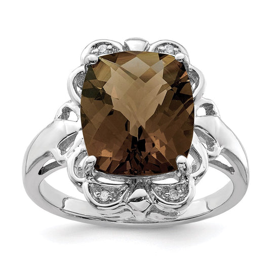 Sterling Silver Rhodium Checker-Cut Smoky Quartz & Natural Diamond Gemstone Birthstone Ring Fine Jewelry Gift for Her