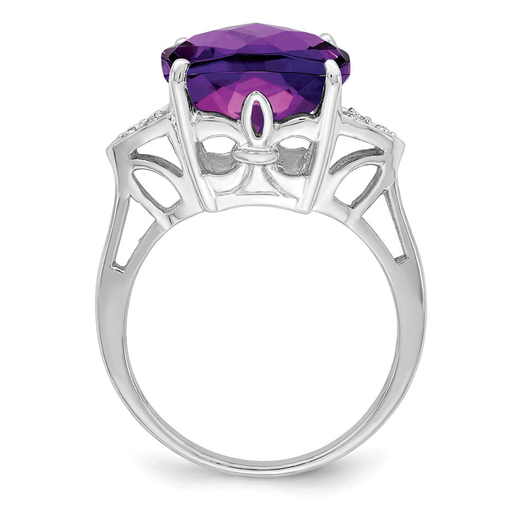 Sterling Silver Rhodium Plated Checker Cut Amethyst & Diamond Ring (Size 10 Only)