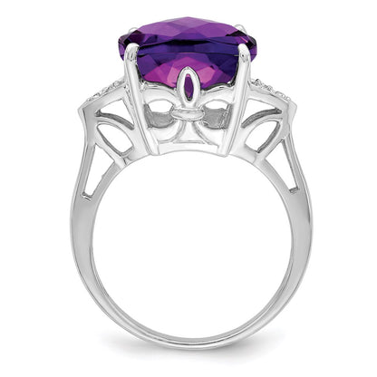Sterling Silver Rhodium Plated Checker Cut Amethyst & Diamond Ring (Size 10 Only)