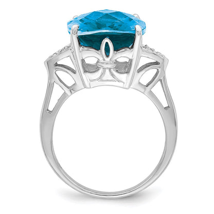 Sterling Silver Rhodium Checker-Cut Blue Topaz & Natural Diamond Gemstone Birthstone Ring Fine Jewelry Gift for Her