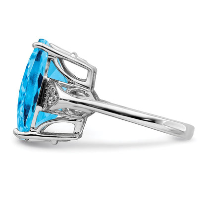 Sterling Silver Rhodium Checker-Cut Blue Topaz & Natural Diamond Gemstone Birthstone Ring Fine Jewelry Gift for Her