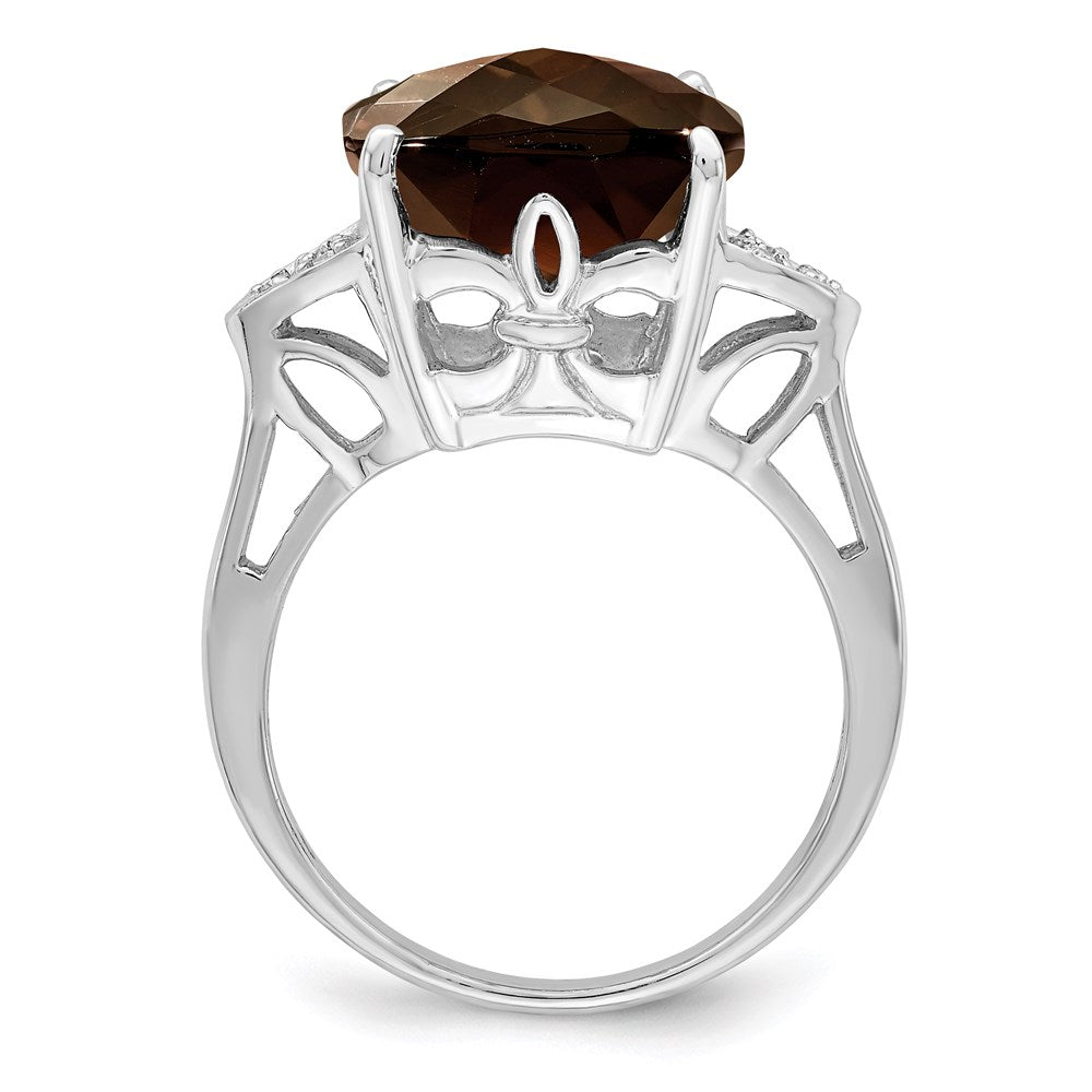 Sterling Silver Rhodium Checker-Cut Smoky Quartz & Natural Diamond Gemstone Birthstone Ring Fine Jewelry Gift for Her