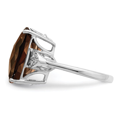 Sterling Silver Rhodium Checker-Cut Smoky Quartz & Natural Diamond Gemstone Birthstone Ring Fine Jewelry Gift for Her