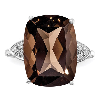 Sterling Silver Rhodium Checker-Cut Smoky Quartz & Natural Diamond Gemstone Birthstone Ring Fine Jewelry Gift for Her