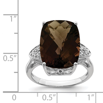 Sterling Silver Rhodium Checker-Cut Smoky Quartz & Natural Diamond Gemstone Birthstone Ring Fine Jewelry Gift for Her