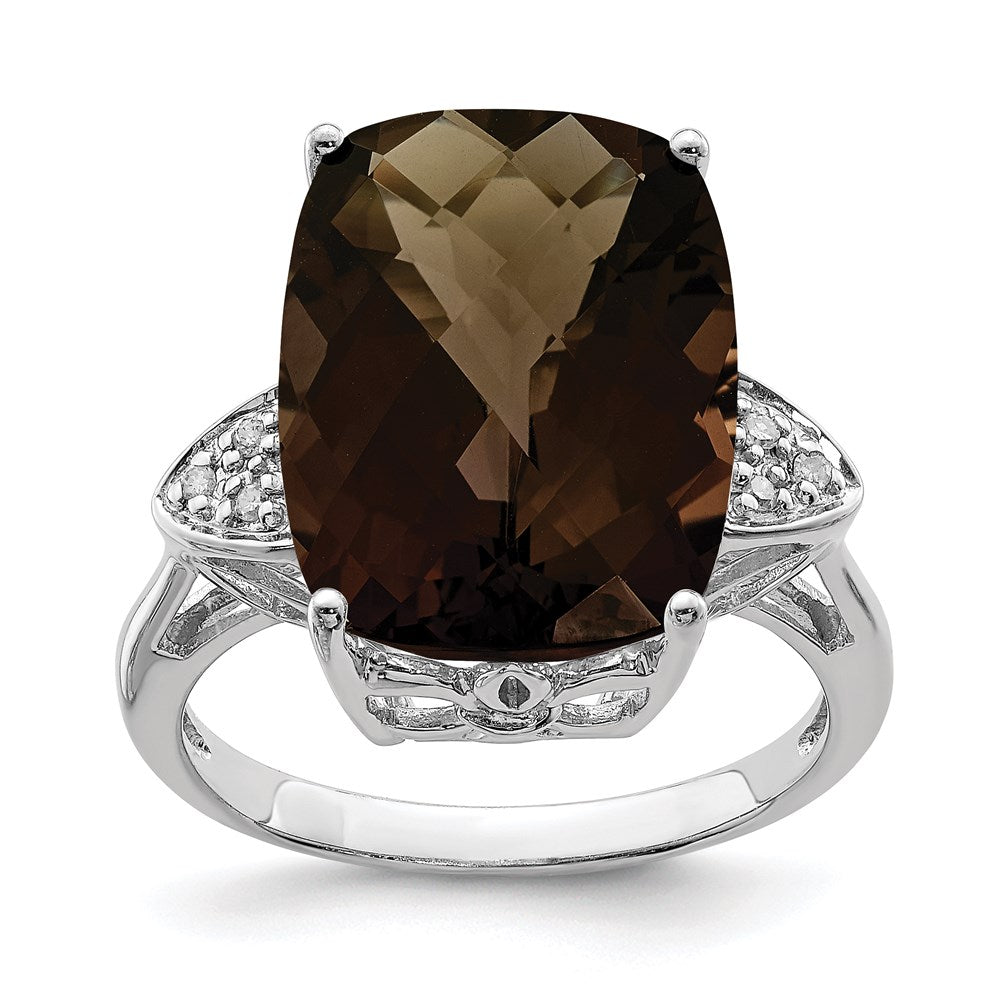 Sterling Silver Rhodium Checker-Cut Smoky Quartz & Natural Diamond Gemstone Birthstone Ring Fine Jewelry Gift for Her