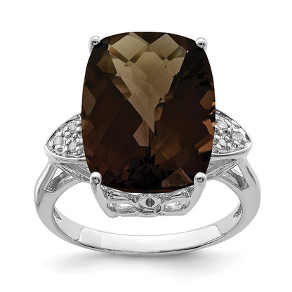 Sterling Silver Rhodium Checker-Cut Smoky Quartz & Natural Diamond Gemstone Birthstone Ring Fine Jewelry Gift for Her