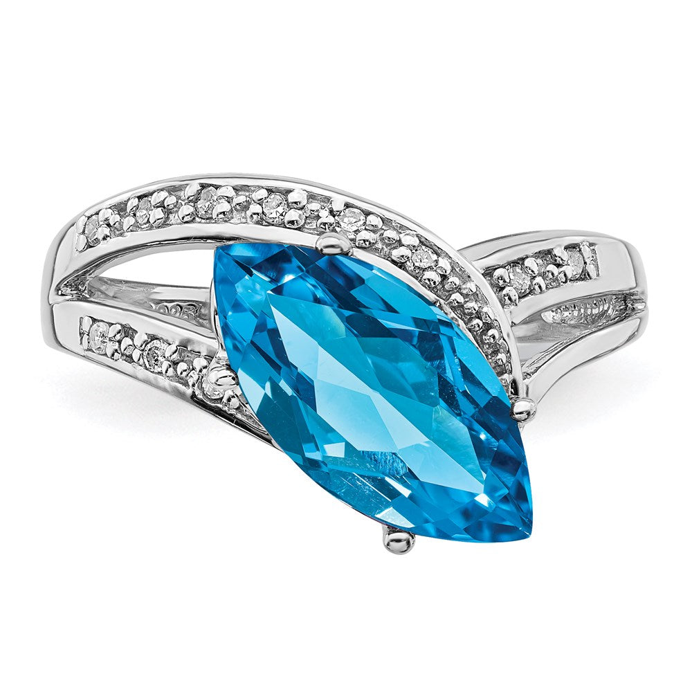 Sterling Silver Rhodium Blue Topaz & Natural Diamond Gemstone Birthstone Ring Fine Jewelry Gift for Her