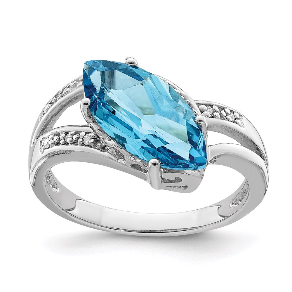 Sterling Silver Rhodium Blue Topaz & Natural Diamond Gemstone Birthstone Ring Fine Jewelry Gift for Her