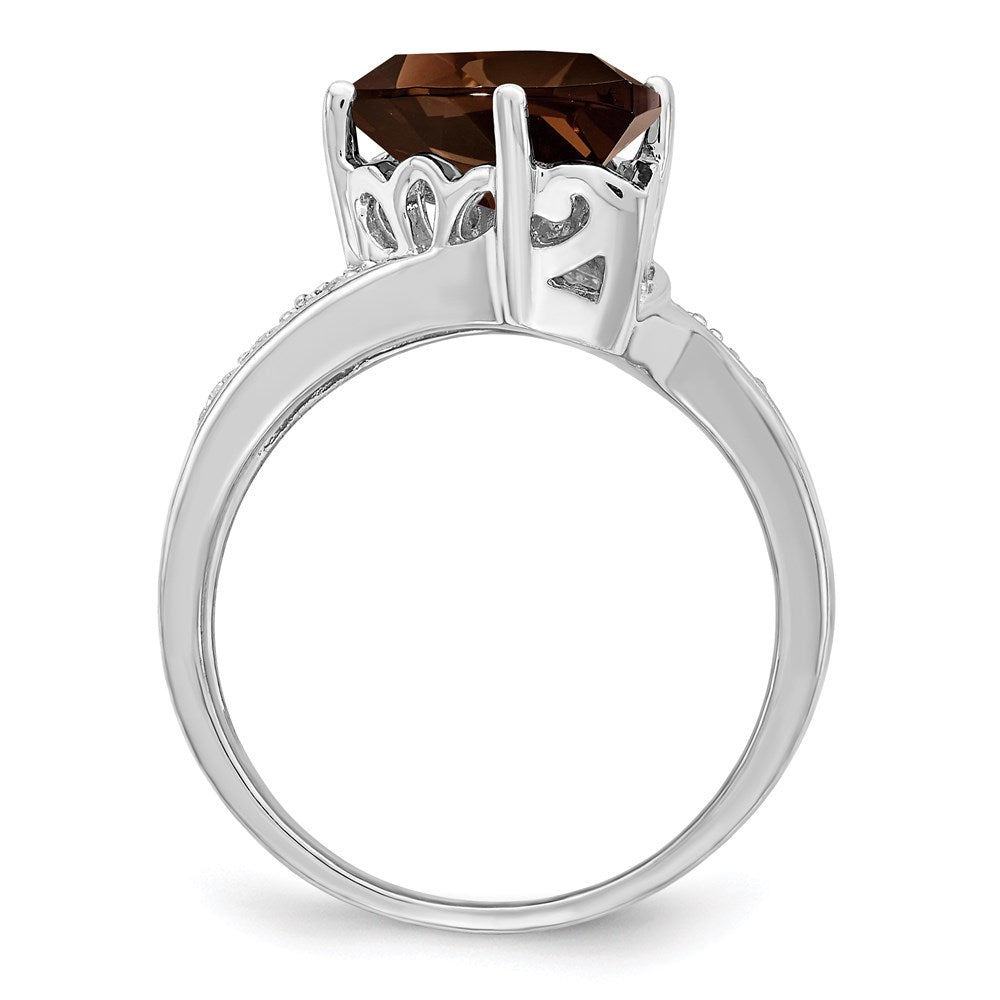 Sterling Silver Rhodium Smoky Quartz & Natural Diamond Gemstone Birthstone Ring Fine Jewelry Gift for Her