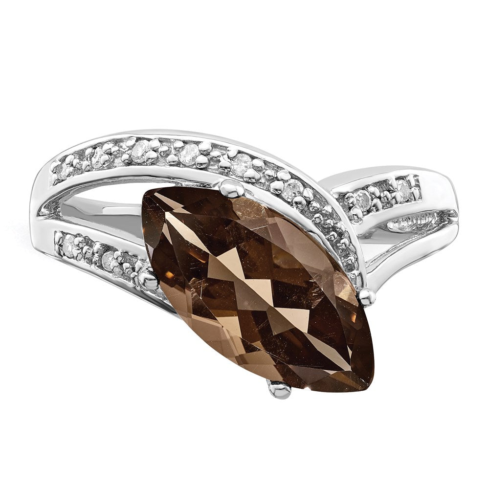 Sterling Silver Rhodium Smoky Quartz & Natural Diamond Gemstone Birthstone Ring Fine Jewelry Gift for Her