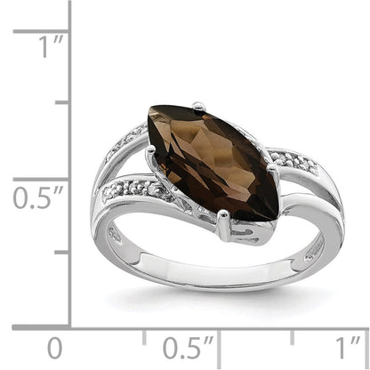 Sterling Silver Rhodium Smoky Quartz & Natural Diamond Gemstone Birthstone Ring Fine Jewelry Gift for Her