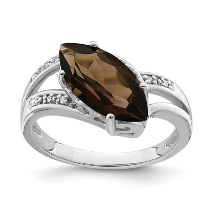 Sterling Silver Rhodium Smoky Quartz & Natural Diamond Gemstone Birthstone Ring Fine Jewelry Gift for Her