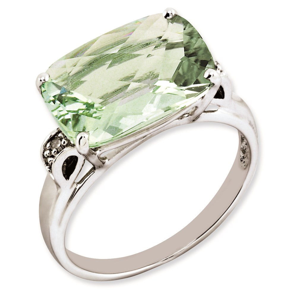 Sterling Silver 14K White Gold Plated Checker-Cut Green Quartz & Diamond Gemstone Birthstone Ring Fine Jewelry Gift for Her