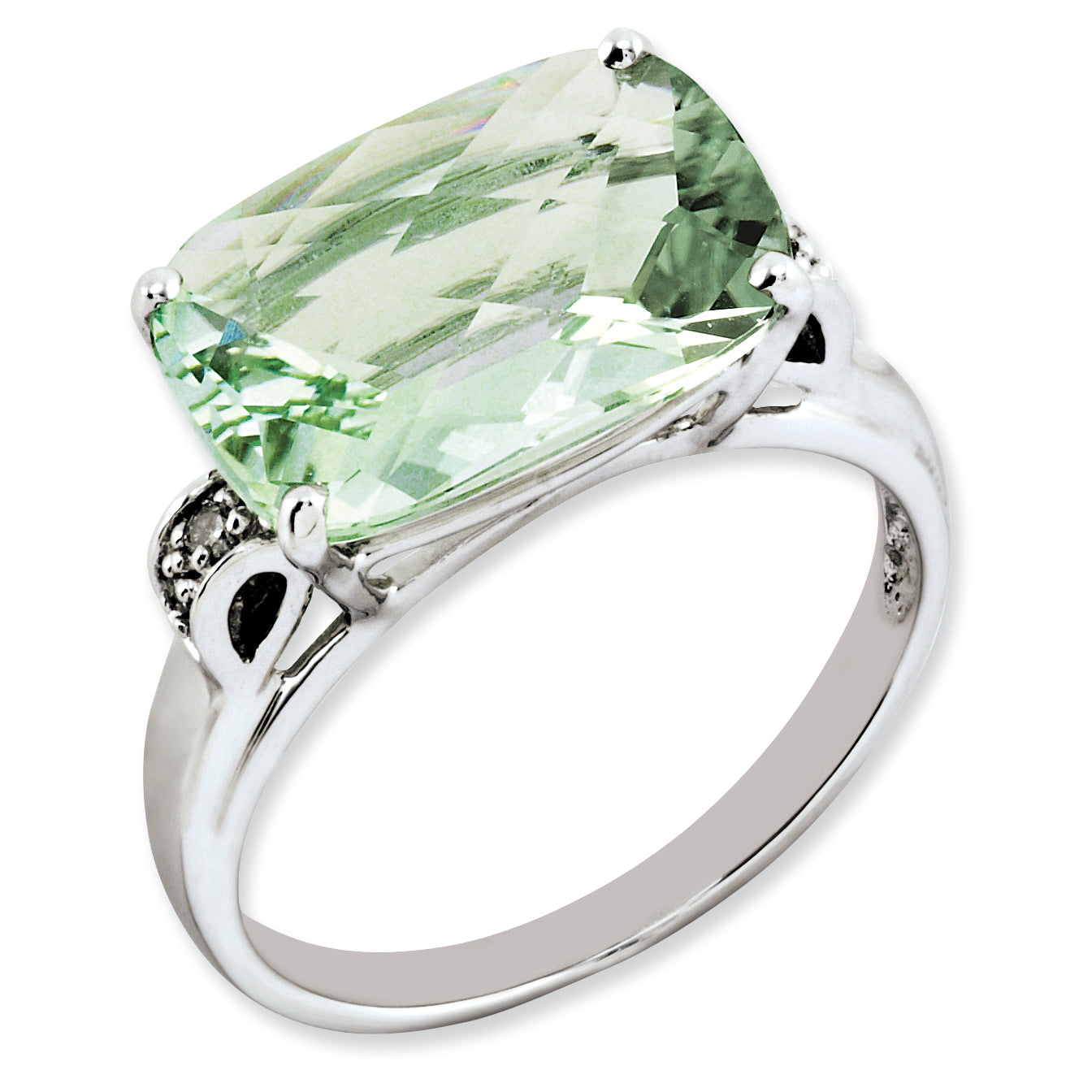 Sterling Silver Rhodium Plated Checker Cut Green Quartz & Diamond Ring (Size 7 Only)