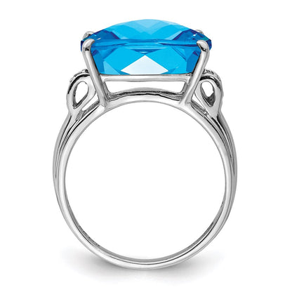 Sterling Silver Rhodium Checker-Cut Blue Topaz & Natural Diamond Gemstone Birthstone Ring Fine Jewelry Gift for Her