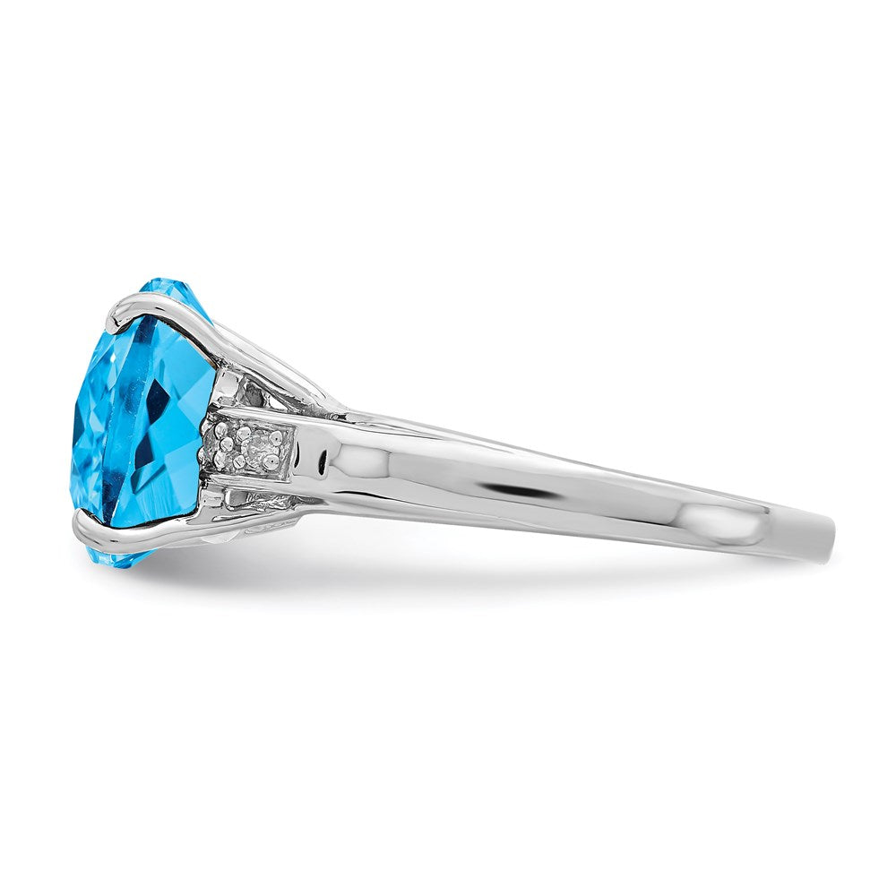 Sterling Silver Rhodium Checker-Cut Blue Topaz & Natural Diamond Gemstone Birthstone Ring Fine Jewelry Gift for Her