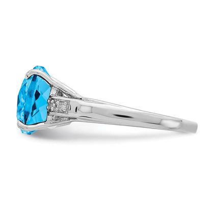 Sterling Silver Rhodium Checker-Cut Blue Topaz & Natural Diamond Gemstone Birthstone Ring Fine Jewelry Gift for Her