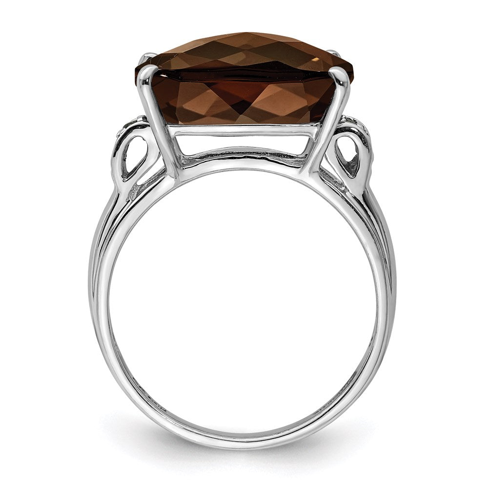 Sterling Silver Rhodium Checker-Cut Smoky Quartz & Natural Diamond Gemstone Birthstone Ring Fine Jewelry Gift for Her